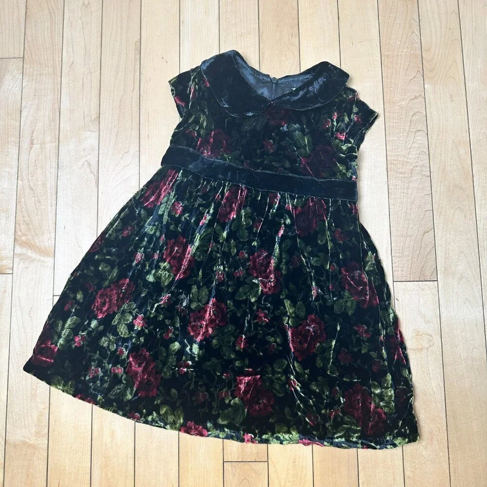 GYMBOREE Red Black Green Velvet Floral Lined Dress Size 18-24 months